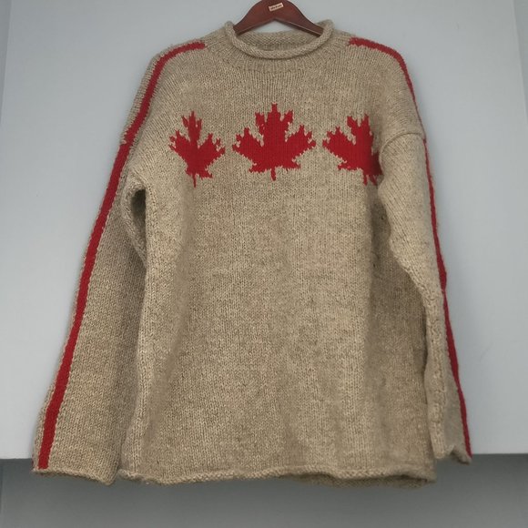 Canada Maple Leaf Intarsia Coastal Fisherman sweater 100% Wool neutral Oatmeal - Picture 1 of 6